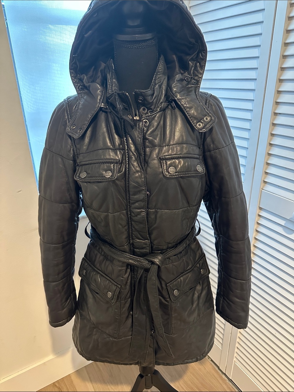 Women's Black Hooded Quilted Belted Puffer Coat